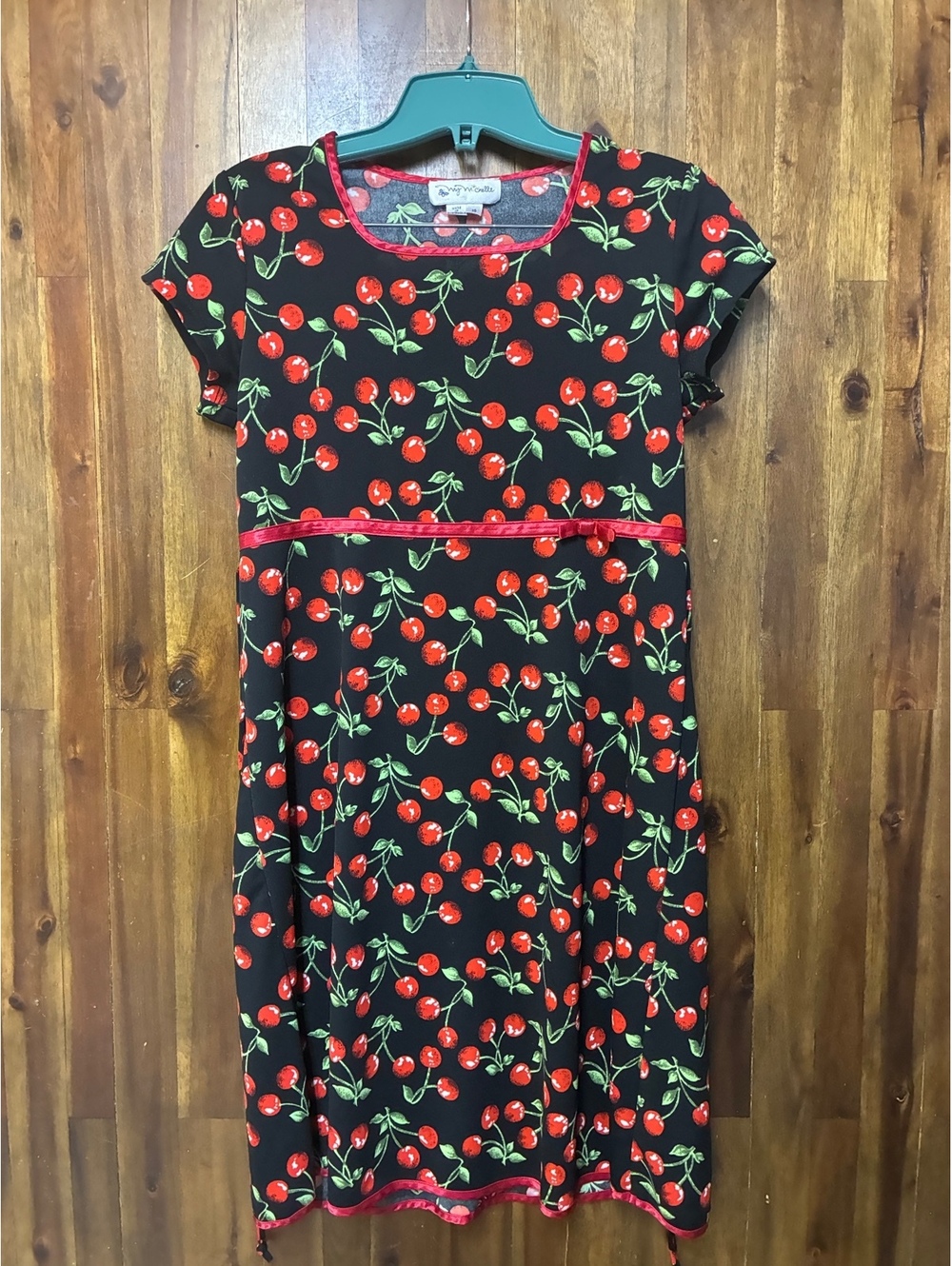 Y2K My Michelle Girls Cherry Print Dress Size 16 Black Red Retro Rockabilly